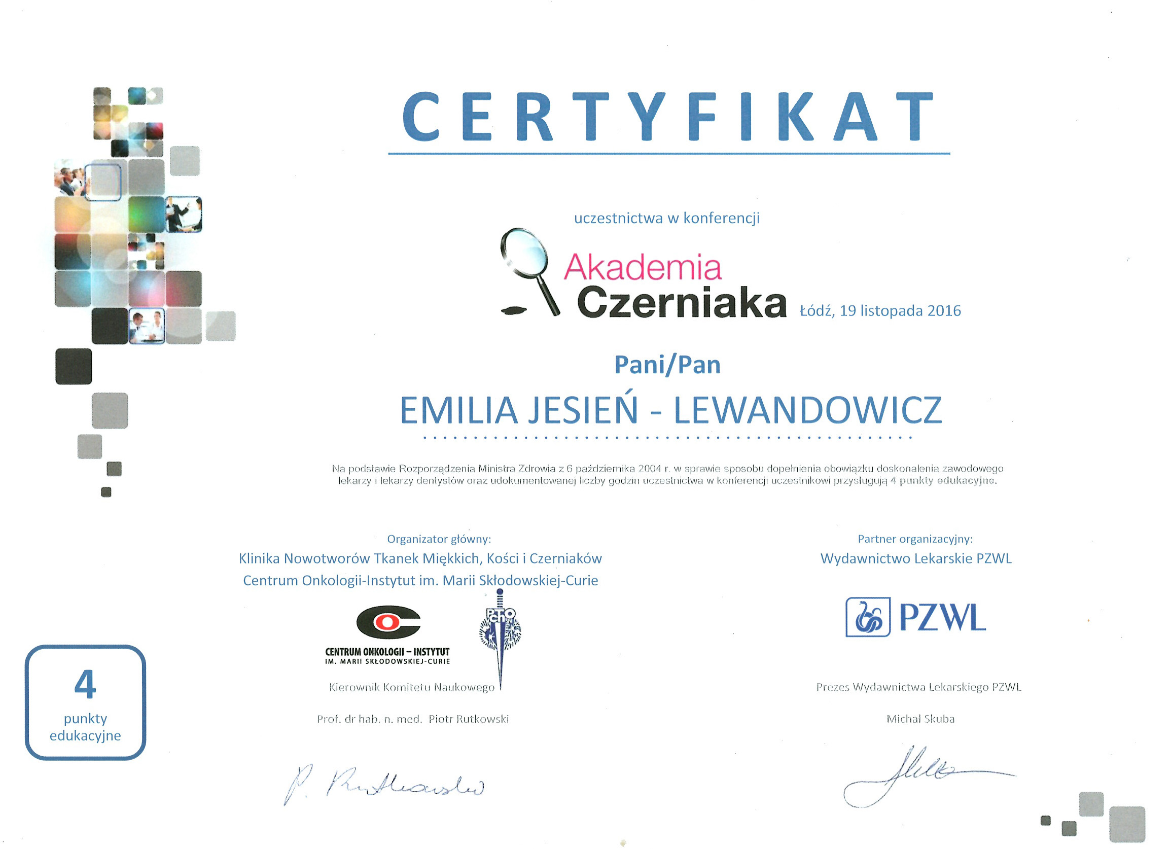 Cert AkadCzerniaka 11.2016 - dr n. med. Emilia Jesień-Lewandowicz
