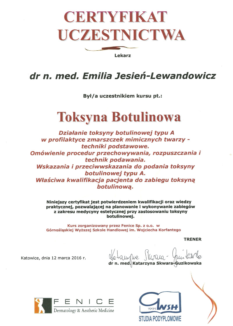 Cert Botox sml - dr n. med. Emilia Jesień-Lewandowicz