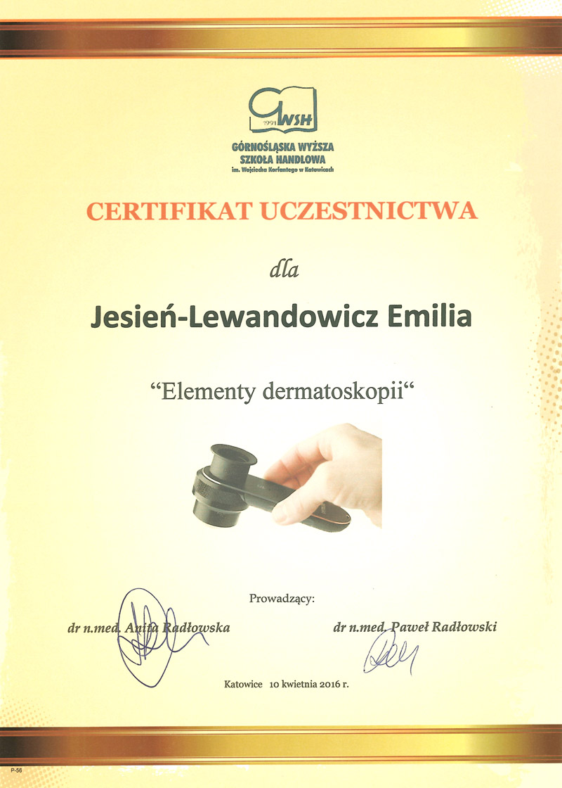 Cert Dermatoskop sm - dr n. med. Emilia Jesień-Lewandowicz