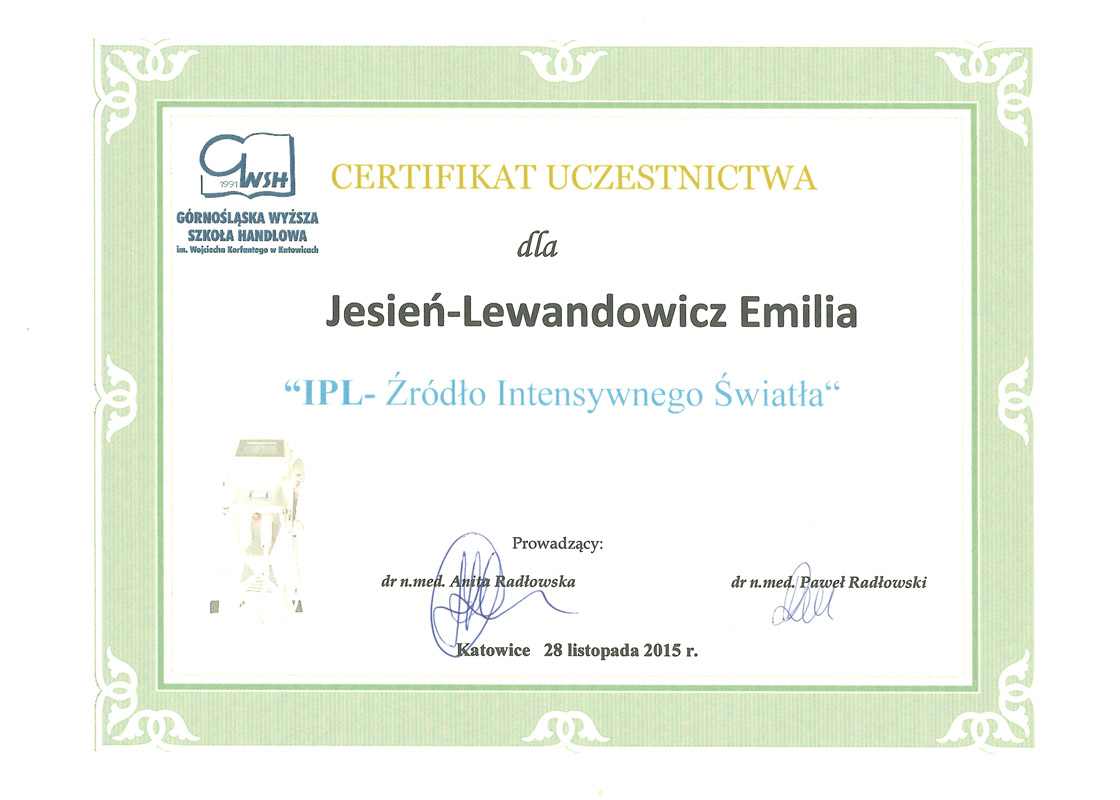 Cert IPL sml - dr n. med. Emilia Jesień-Lewandowicz